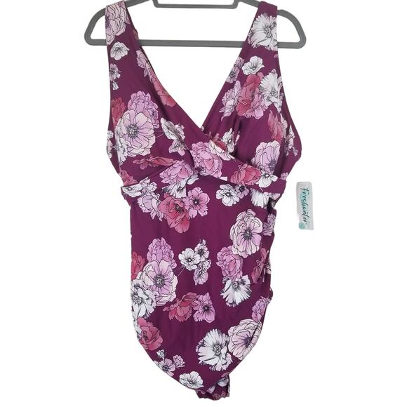 Freshwater Floral Print Surplice Lace-Up Back One Piece Swimsuit, Size 3X, NWT - Picture 3 of 11